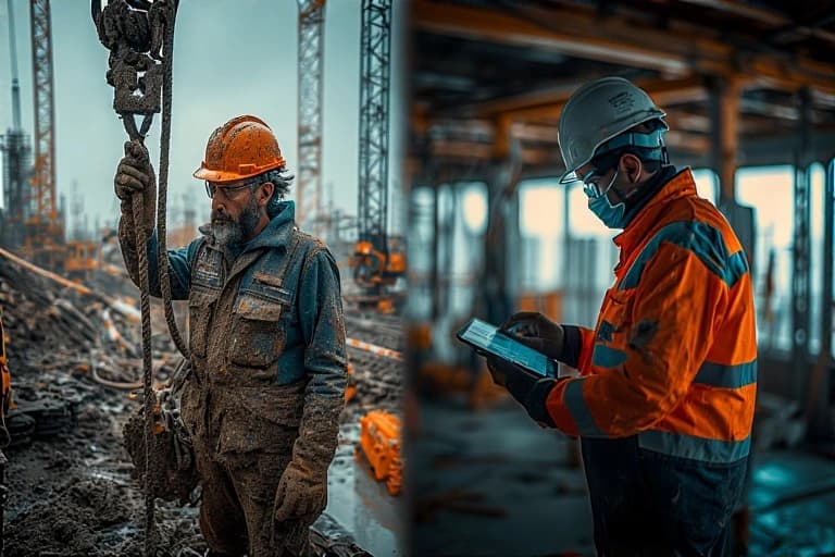 Operador de obra tradicional comparado a um operador moderno em um canteiro tecnológico