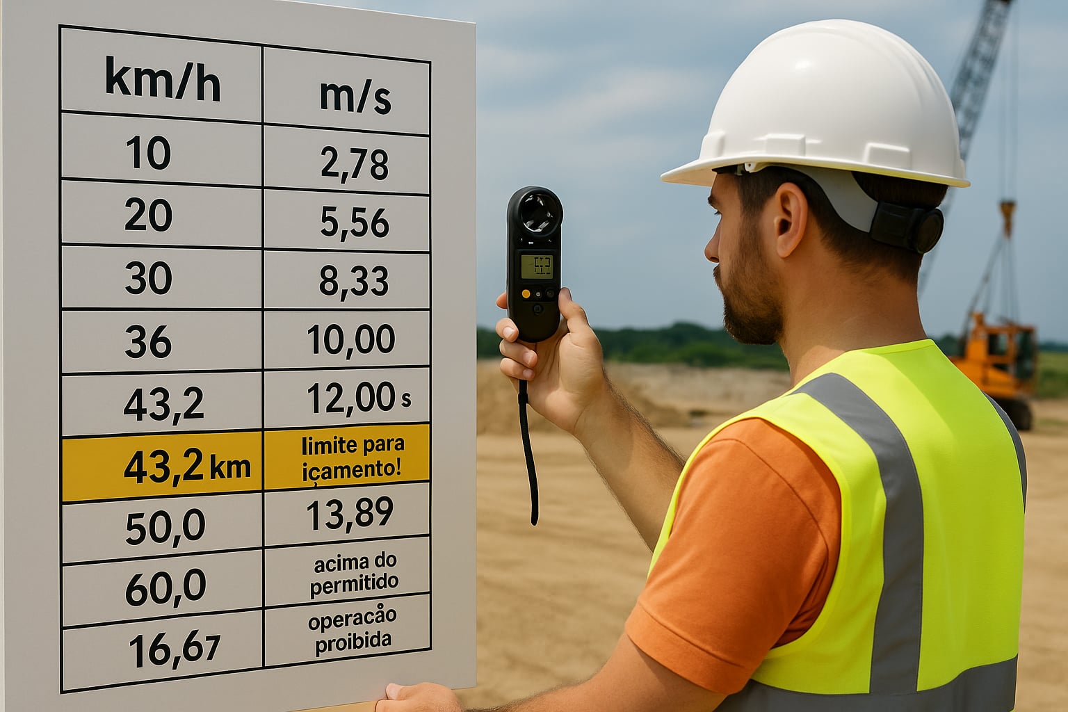 Tabela com conversão de km/h para m/s incluindo o limite de 43,2 km/h